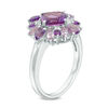 Thumbnail Image 1 of Cushion-Cut Amethyst, Rose de France and Lab-Created White Sapphire Floral Ring in Sterling Silver