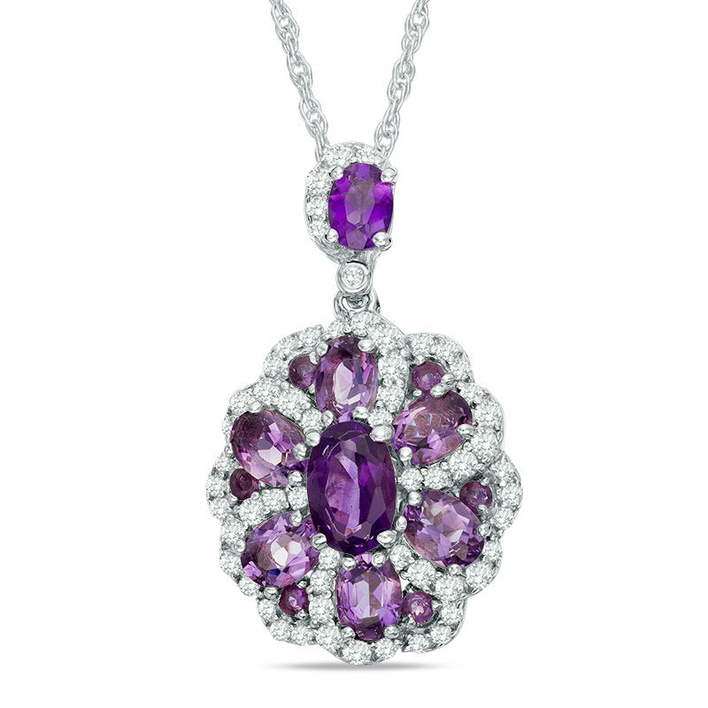 Oval Amethyst and White Topaz Frame Flower Pendant in Sterling Silver