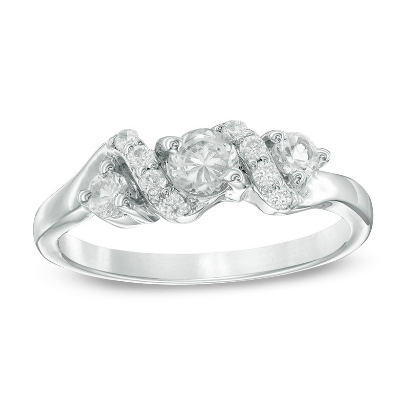 4.0mm Lab-Created White Sapphire and 1/10 CT. T.W. Diamond Overlay Three Stone Ring in Sterling Silver