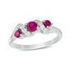 Thumbnail Image 0 of 4.0mm Lab-Created Ruby and 1/10 CT. T.W. Diamond Overlay Three Stone Ring in Sterling Silver