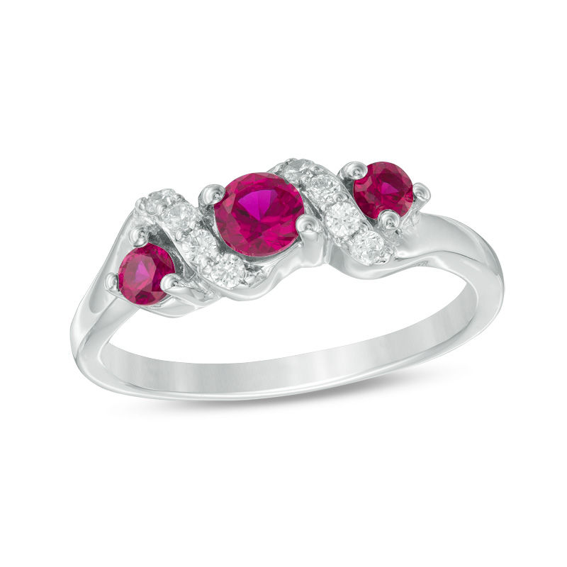4.0mm Lab-Created Ruby and 1/10 CT. T.W. Diamond Overlay Three Stone Ring in Sterling Silver