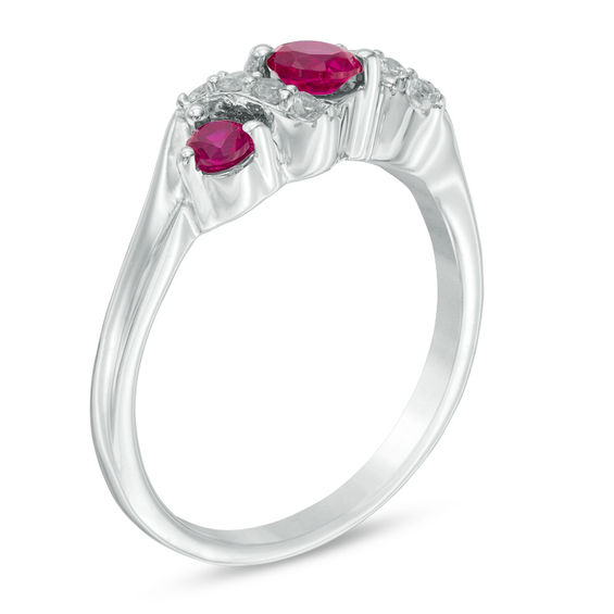 4.0mm Lab-Created Ruby and 1/10 CT. T.w. Diamond Overlay Three Stone Ring in Sterling Silver
