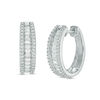 Thumbnail Image 1 of Baguette Lab-Created White Sapphire Triple Row Oval Hoop Earrings in Sterling Silver