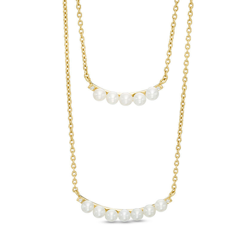 Main Image 1 of Freshwater Cultured Pearl and Lab-Created White Sapphire Double Strand Necklace in Sterling Silver with 14K Gold Plate
