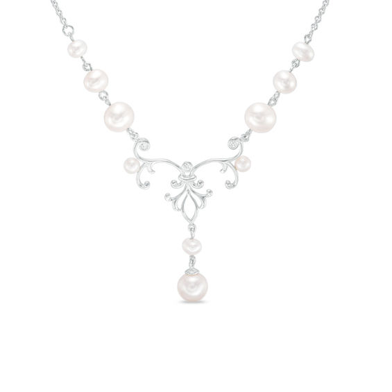 9.0-10.0mm Freshwater Cultured Pearl and Lab-Created White Sapphire Scroll Drop Necklace in Sterling Silver