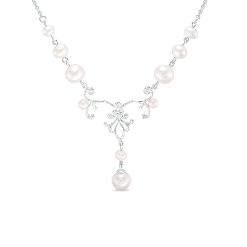 Main Image 1 of 9.0-10.0mm Freshwater Cultured Pearl and Lab-Created White Sapphire Scroll Drop Necklace in Sterling Silver