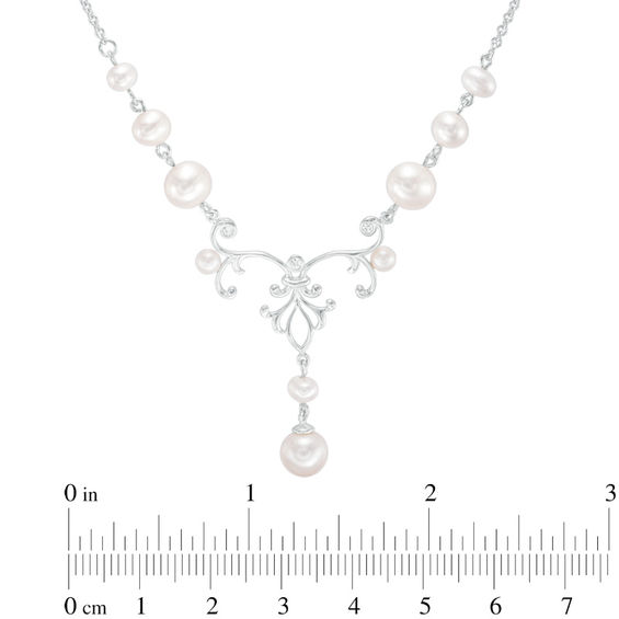 9.0-10.0mm Freshwater Cultured Pearl and Lab-Created White Sapphire Scroll Drop Necklace in Sterling Silver