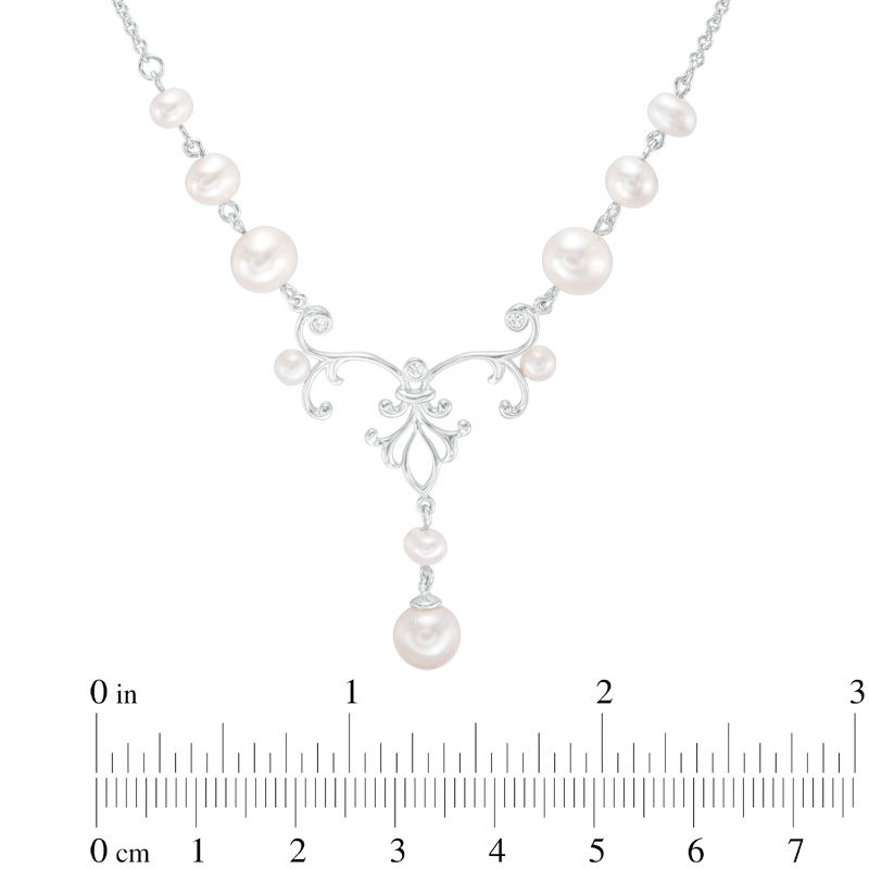 Main Image 2 of 9.0-10.0mm Freshwater Cultured Pearl and Lab-Created White Sapphire Scroll Drop Necklace in Sterling Silver