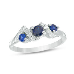 4.0mm Lab-Created Blue Sapphire and 1/10 CT. T.W. Diamond Overlay Three Stone Ring in Sterling Silver