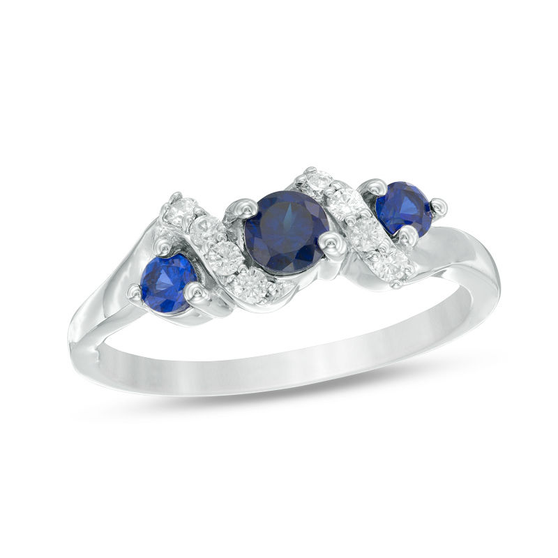 4.0mm Lab-Created Blue Sapphire and 1/10 CT. T.W. Diamond Overlay Three Stone Ring in Sterling Silver