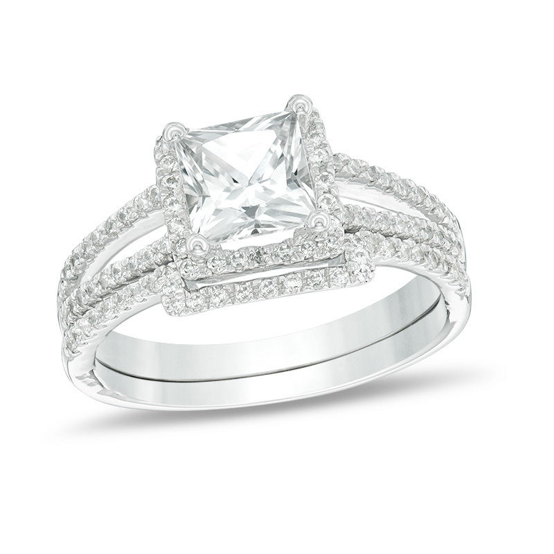 Main Image 1 of 6.0mm Princess-Cut Lab-Created White Sapphire and 1/4 CT. T.W. Diamond Frame Split Shank Bridal Set in 10K White Gold