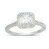 Thumbnail Image 1 of 4.3mm Princess-Cut Lab-Created White Sapphire and 1/6 CT. T.W. Diamond Frame Engagement Ring in 10K White Gold
