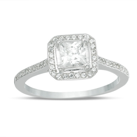 4.3mm Princess-Cut Lab-Created White Sapphire and 1/6 CT. T.w. Diamond Frame Engagement Ring in 10K White Gold