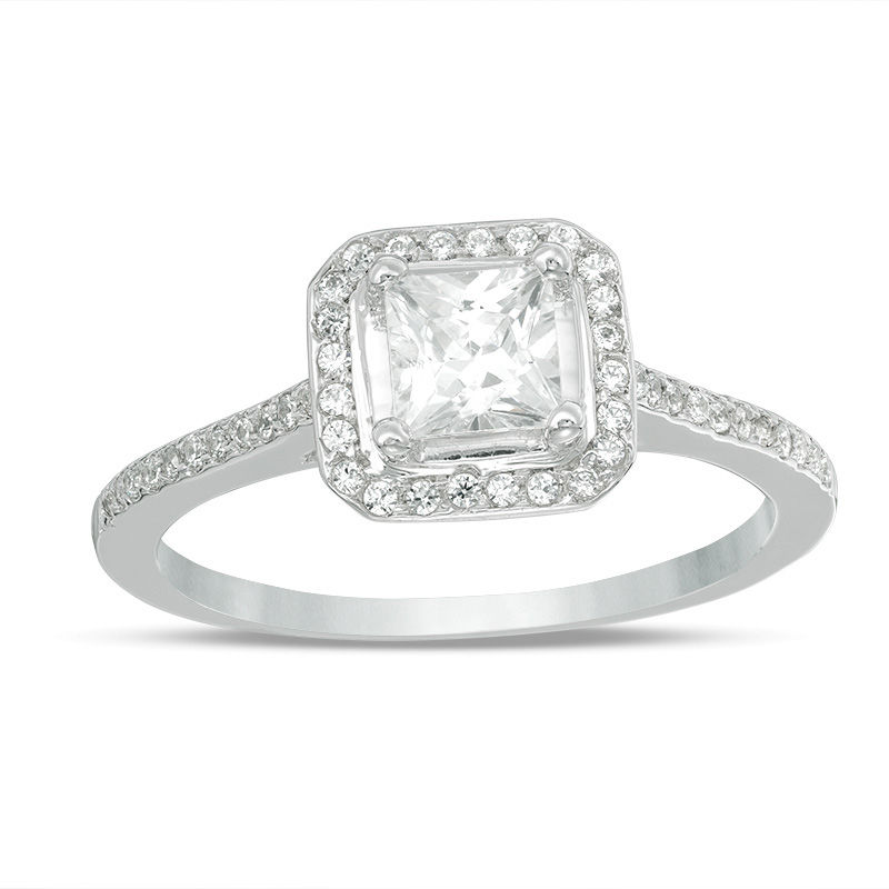 Main Image 1 of 4.3mm Princess-Cut Lab-Created White Sapphire and 1/6 CT. T.W. Diamond Frame Engagement Ring in 10K White Gold