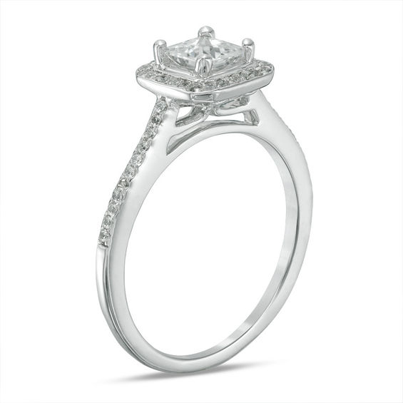 4.3mm Princess-Cut Lab-Created White Sapphire and 1/6 CT. T.w. Diamond Frame Engagement Ring in 10K White Gold