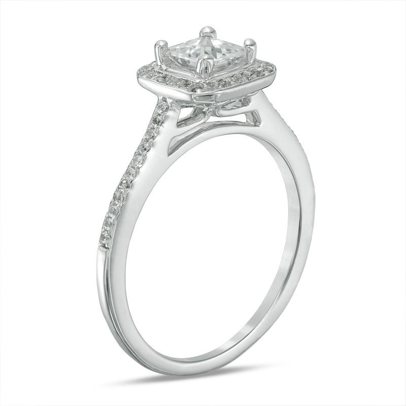 Main Image 2 of 4.3mm Princess-Cut Lab-Created White Sapphire and 1/6 CT. T.W. Diamond Frame Engagement Ring in 10K White Gold