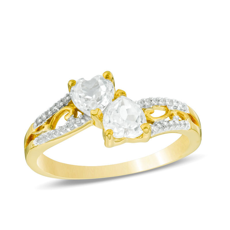 5.0mm Heart-Shaped Lab-Created White Sapphire and Diamond Accent Mirrored Split Shank Scroll Ring in 10K Gold