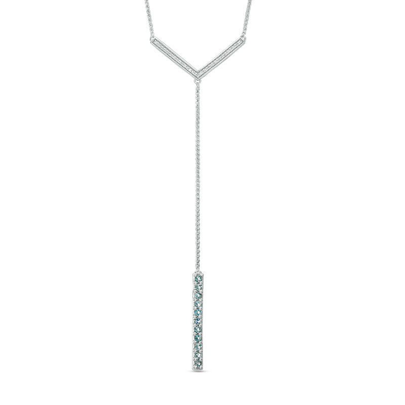 Aquamarine and 1/10 CT. T.W. Diamond Linear Bar "Y" Necklace in Sterling Silver - 21"