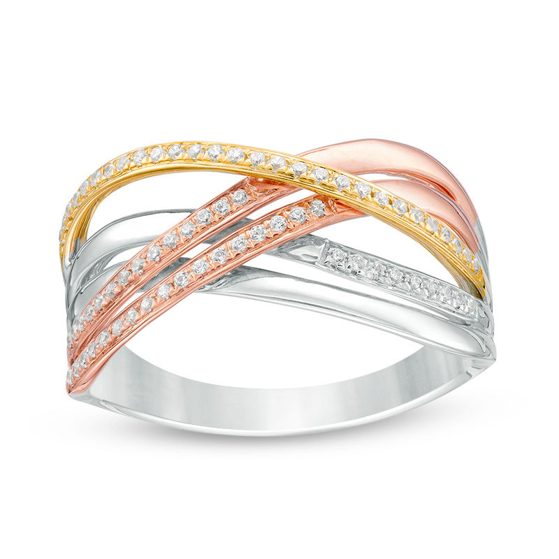 1/5 CT. T.W. Diamond Open Crossover Ring in 10K Tri-Tone 1/5 CT. T.W. Diamond Open Crossover Ring in 10K Tri-Tone