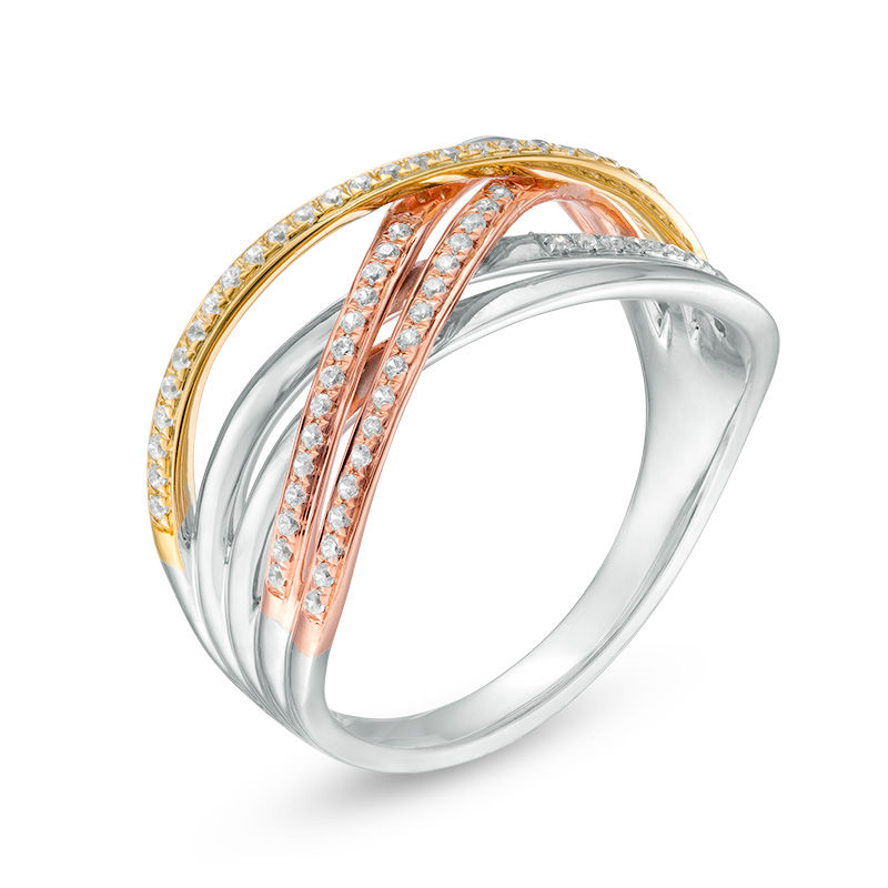 Main Image 2 of 1/5 CT. T.W. Diamond Open Crossover Ring in 10K Tri-Tone Gold