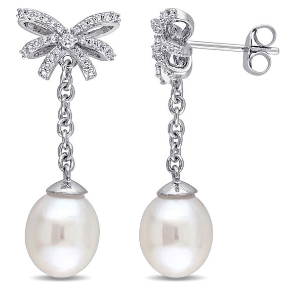 8.0 - 8.5mm Baroque Cultured Freshwater Pearl and 1/5 CT. T.W. Diamond Bow Drop Earrings in 10K White Gold 8.0 - 8.5mm Baroque Cultured Freshwater Pearl and 1/5 CT. T.W. Diamond Bow Drop Earrings in 10K White Gold