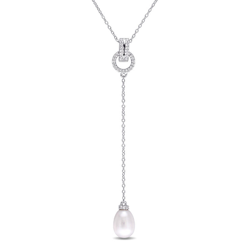 8.0-8.5mm Baroque Freshwater Cultured Pearl and White Topaz Buckle "Y" Pendant in Sterling Silver