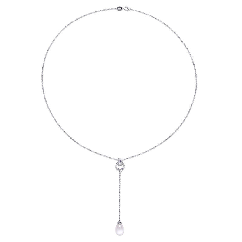 Main Image 2 of 8.0-8.5mm Baroque Freshwater Cultured Pearl and White Topaz Buckle "Y" Pendant in Sterling Silver