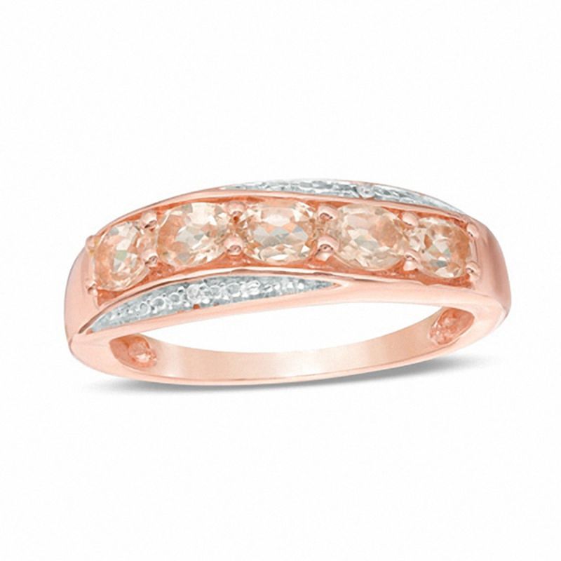 Main Image 1 of Oval Morganite and Diamond Accent Beaded Five Stone Slant Ring in 10K Rose Gold