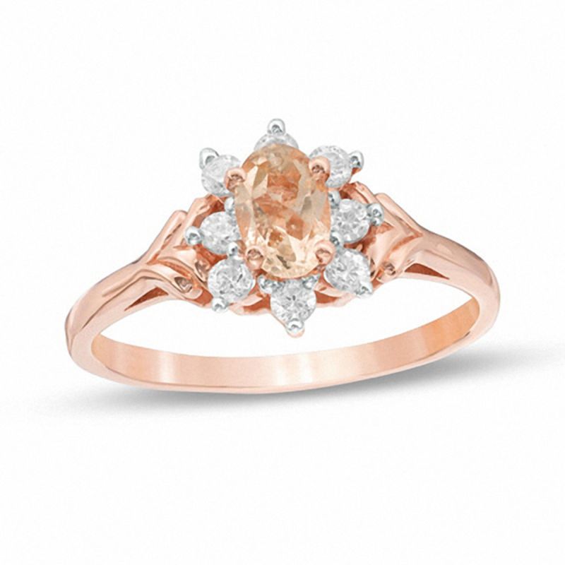 Oval Morganite and White Sapphire Sunburst Frame Ring in 10K Rose Gold