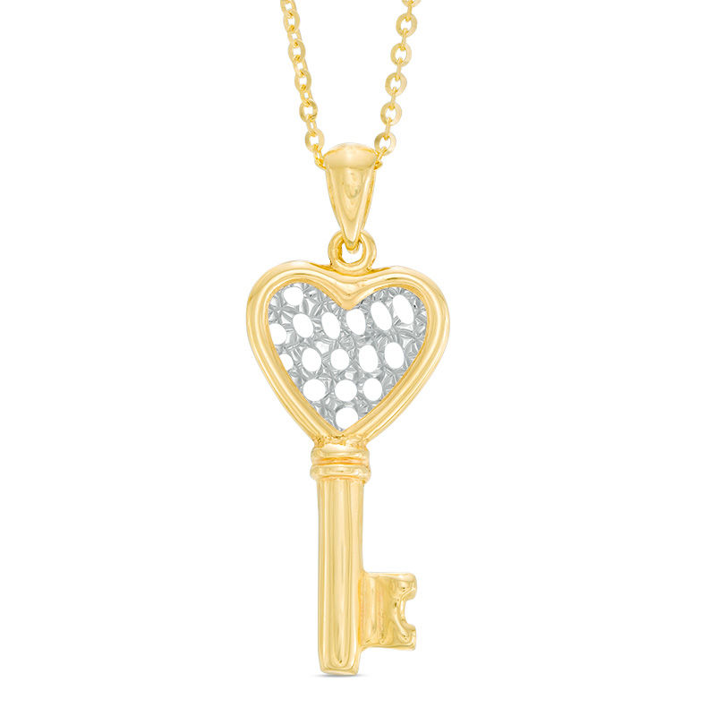 Main Image 1 of Made in Italy Diamond-Cut Lattice Heart-Top Key Pendant in 10K Two-Tone Gold