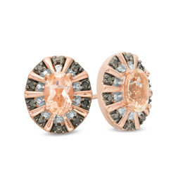 Oval Morganite and Black Diamond Accent Beaded Double Frame Stud Earrings in 10K Rose Gold