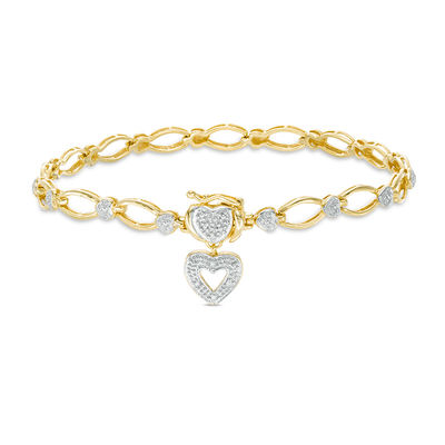 Diamond Accent Oval Link with Heart Charm Bracelet in Sterling Silver with  14K Gold Plate - 7.25