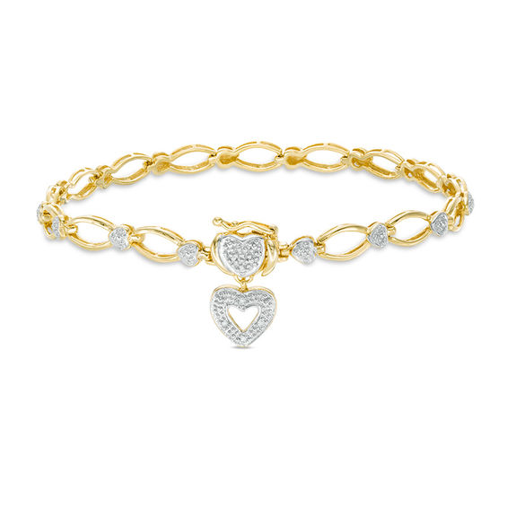 Diamond Accent Oval Link with Heart Charm Bracelet in Sterling Silver with 14K Gold Plate - 7.25"