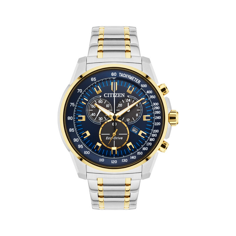 Men's Citizen Eco-Drive® Two-Tone Chronograph Watch with Blue Dial (Model: AT2374-54L)