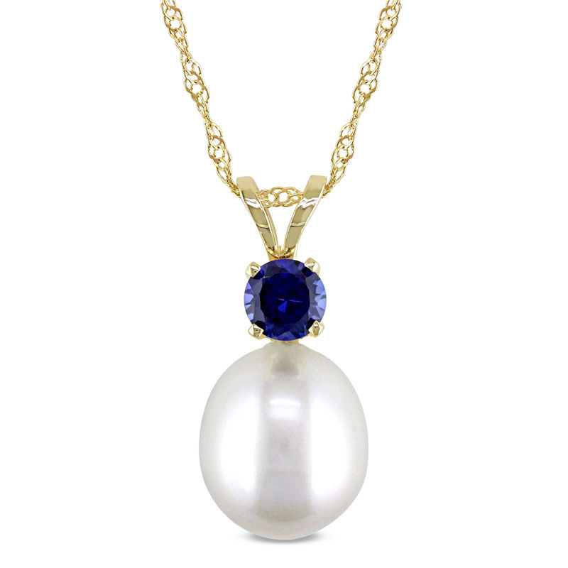 8.0-8.5mm Baroque Freshwater Cultured Pearl and Blue Sapphire Pendant in 14K Gold-17"