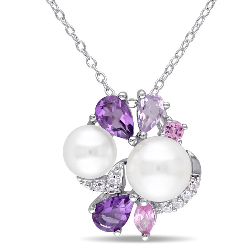 Main Image 1 of Freshwater Cultured Pearl, Amethyst and Lab-Created Pink and White Sapphire Cluster Pendant in Sterling Silver