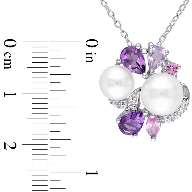 Main Image 3 of Freshwater Cultured Pearl, Amethyst and Lab-Created Pink and White Sapphire Cluster Pendant in Sterling Silver