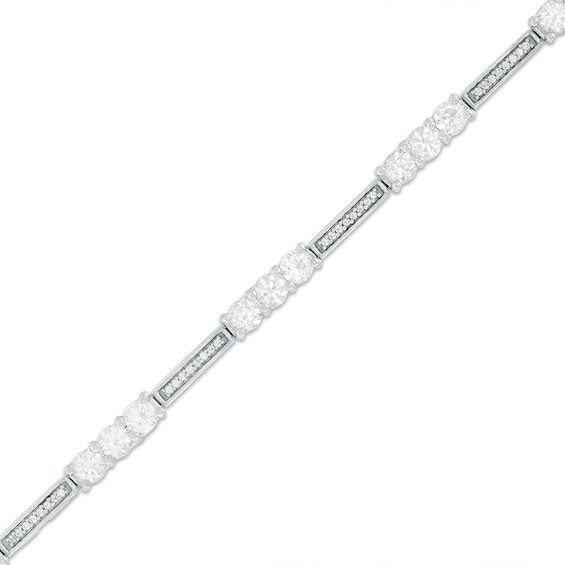 3.5mm Lab-Created White Sapphire and 1/5 CT. T.w. Diamond Three Stone Station Bracelet in Sterling Silver - 7.5"