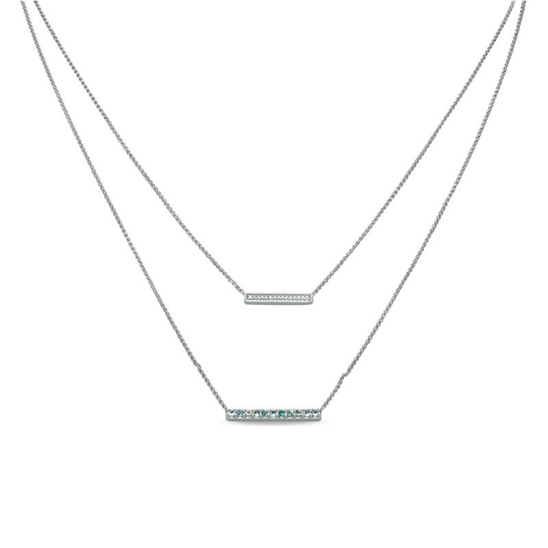 Aquamarine and Diamond Accent Double Strand Bar Necklace in Sterling Silver