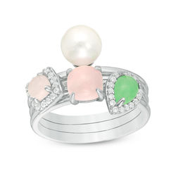 cultured freshwater pearl and green and rose quartz with white topaz three piece stackable ring set - Pearl Wedding Ring Sets cultured freshwater pearl and green and rose quartz with white topaz three piece stackable ring set - Pearl Wedding Ring Sets