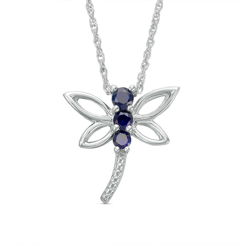 Lab-Created Blue Sapphire Beaded Dragonfly Pendant in Sterling Silver