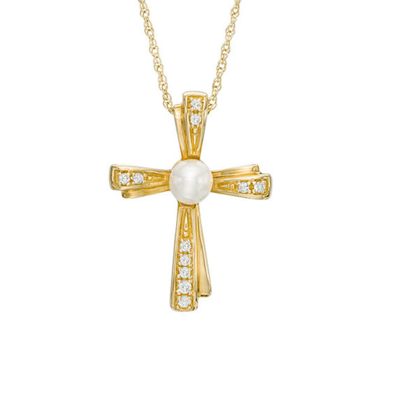 4.0-4.5mm Freshwater Cultured Pearl and Diamond Accent Pinwheel Cross Pendant in 10K Gold