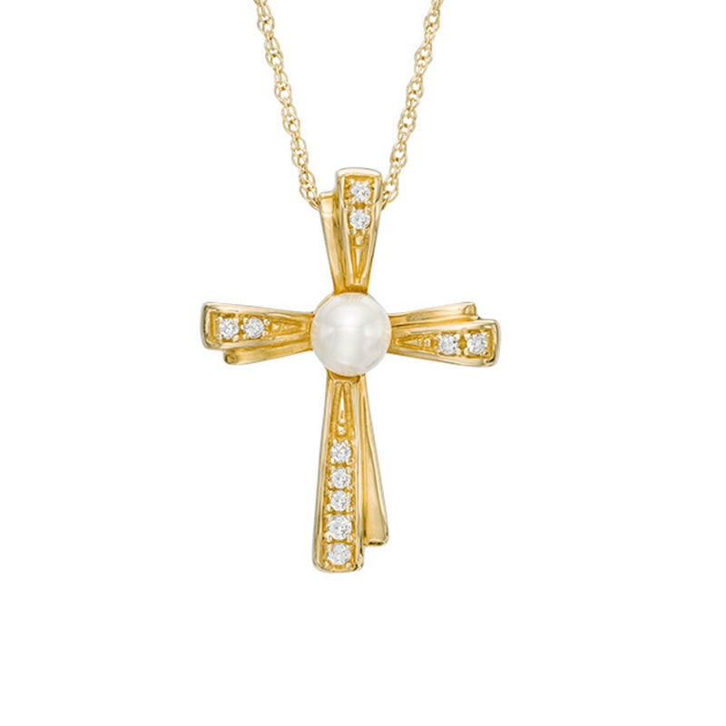 Main Image 1 of 4.0-4.5mm Freshwater Cultured Pearl and Diamond Accent Pinwheel Cross Pendant in 10K Gold