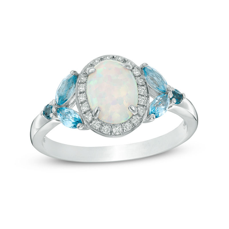Main Image 1 of Oval Lab-Created Opal and White Sapphire Frame with London and Swiss Blue Topaz Ring in Sterling Silver