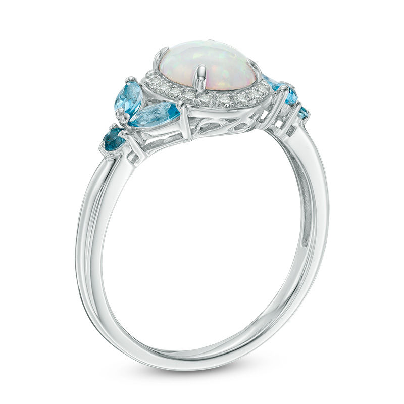 Main Image 2 of Oval Lab-Created Opal and White Sapphire Frame with London and Swiss Blue Topaz Ring in Sterling Silver