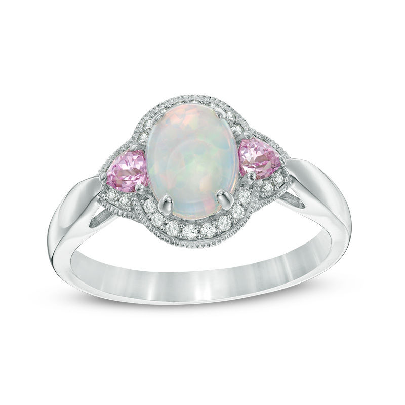 Main Image 1 of Oval Lab-Created Opal, Pink and White Sapphire Frame Vintage-Style Ring in Sterling Silver