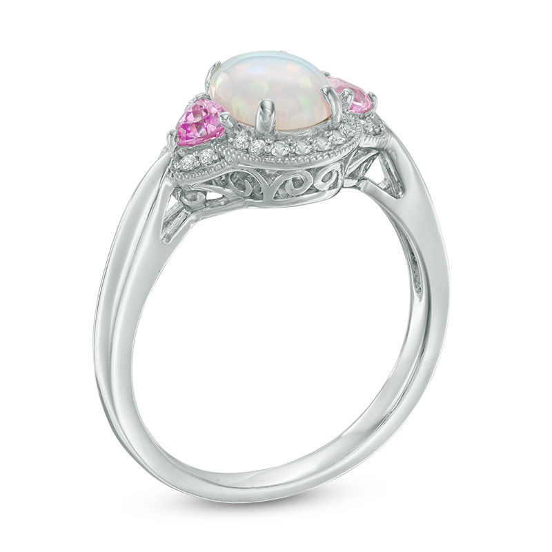 Main Image 2 of Oval Lab-Created Opal, Pink and White Sapphire Frame Vintage-Style Ring in Sterling Silver