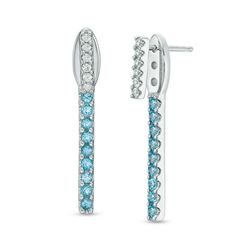 Main Image 1 of Swiss Blue Topaz and Lab-Created White Sapphire Linear Bar Earrings with Drop Jackets Set in Sterling Silver