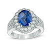 Thumbnail Image 1 of Oval Lab-Created Ceylon and White Sapphire Frame Vintage-Style Ring in Sterling Silver