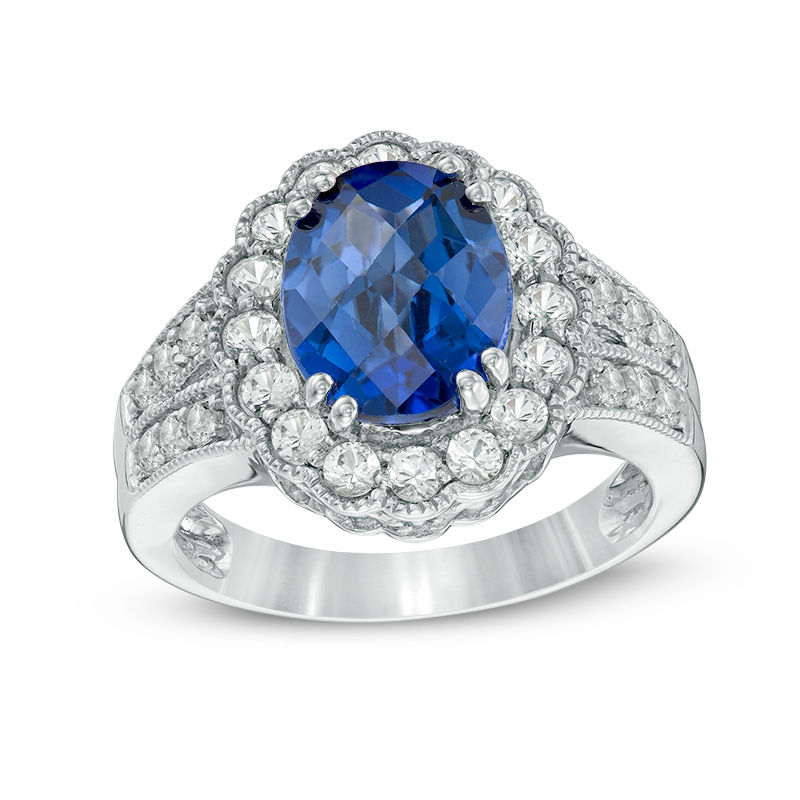 Main Image 1 of Oval Lab-Created Ceylon and White Sapphire Frame Vintage-Style Ring in Sterling Silver